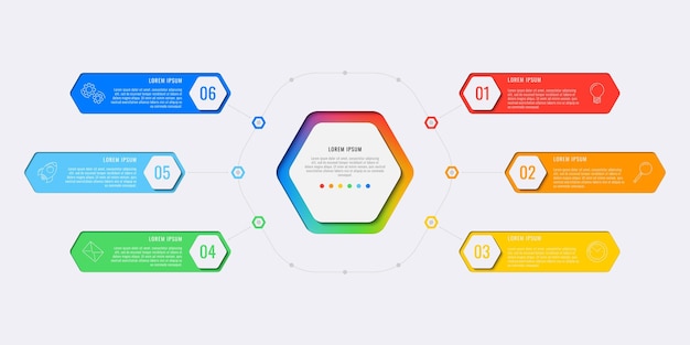 simple six steps design layout infographic template with hexagonal elements