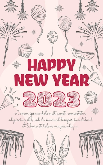 Плакат с простой иллюстрацией концепции линии эскиза для поздравления с новым годом