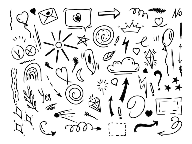 Simple sketch line style elements Doodle cute ink pen line elements isolated on white background