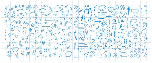 Simple sketch line style elements isolated on background of checkered notebook sheet