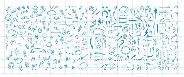 Simple sketch line style elements isolated on background of checkered notebook sheet