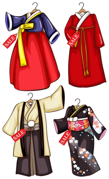 Vector simple sketches of the asian costumes on sale