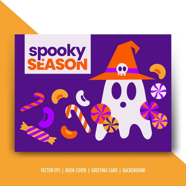 Simple spooky Halloween greeting card with ghost, pumpkins, candy isolated vector illustration