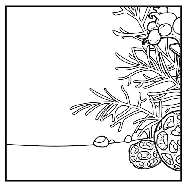 Simple square background of the seabed with corals and algae linear drawing for coloring on a white