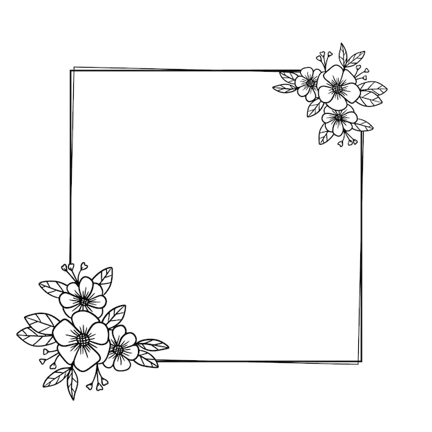 単純な正方形の花のフレームで,有機的な手描きの葉と花が描かれています.