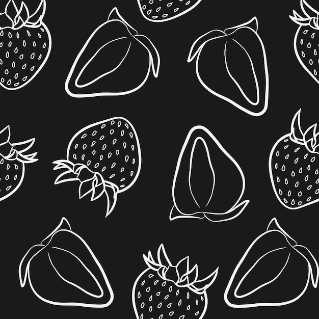 Simple strawberry seamless pattern isolated on black background Doodle vector fabric print template with outline berries drawing Hand drawn juicy fruit package design