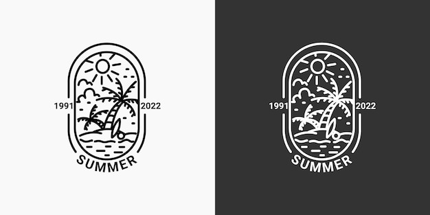 Simple summer logo with lines beach icon in a minimal linear style available in black and white c