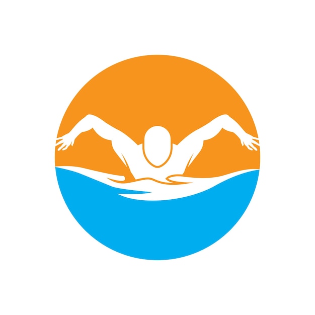 Simple Swimming Pool Silhouette Swimmer Athlete on Sea Ocean Water Wave Logo design