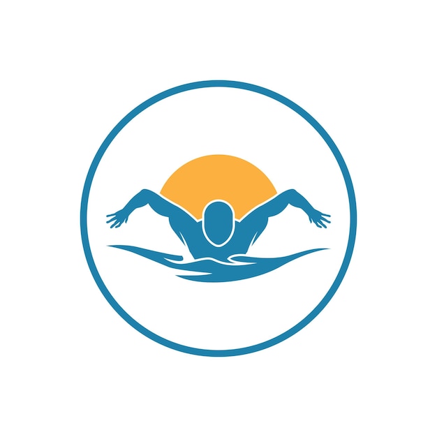 Simple Swimming Pool Silhouette Swimmer Athlete on Sea Ocean Water Wave Logo design