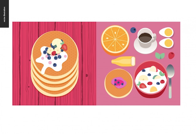 Simple things - meal - flat cartoon vector illustration of set of breakfast meal with coffee, fruits, eggs, pancakes and cereal, stack of pancakes with berries, toppings and cream - meal composition