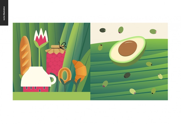 Simple things - meal - flat cartoon vector illustration of tiny cup house and tee meal among huge grass trunks, jam, bread loaf, croissant, half of avocado and black green olives