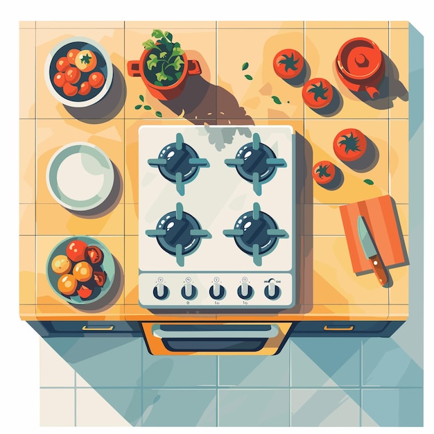 Vector simple topview flat illustration of cooking stove cooking process with vegetables on the stove