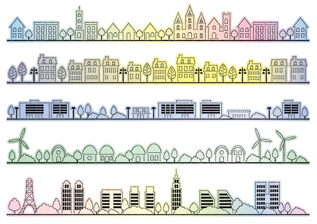 Simple townscape drawing set isolated on a white background. vector illustration.