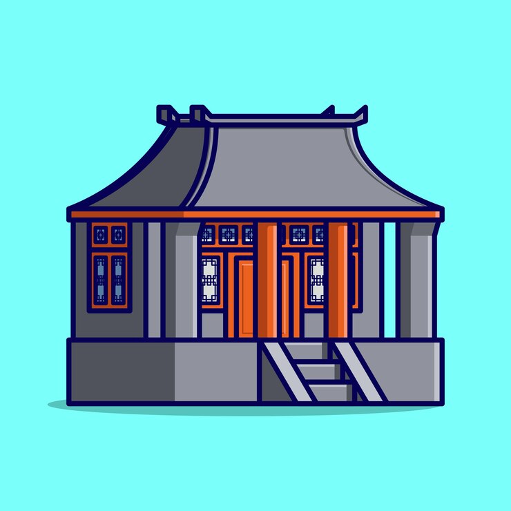 Vector simple traditional chinese courtyard house cartoon vector illustration collection of traditional