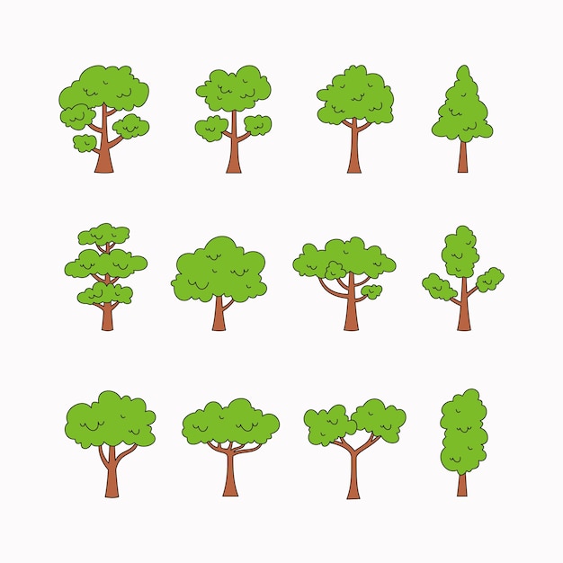 벡터 손으로 그린 스타일의 간단한 나무 컬렉션