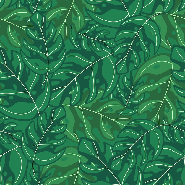 シンプルなトロピカルモンステラがシームレスなリピートパターンを残します。エキゾチックな植物。生地、テキスタイルプリント、包装紙、子供用テキスタイルの夏のデザイン。ベクトルイラスト