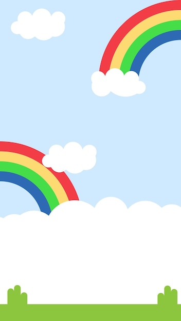 シンプルなベクトル背景で 虹の雲と草の可愛い画像