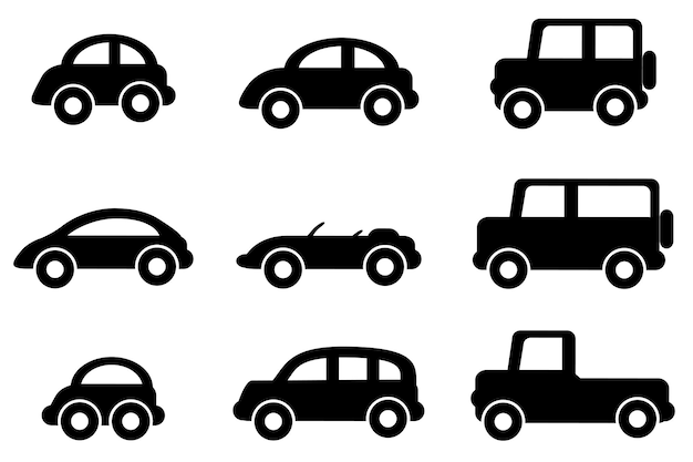 Simple vector black silhouette car set 9 isolated on white