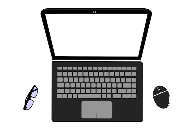 Semplice vettore piatto nero notebook mouse wireless e occhiali isolati su bianco