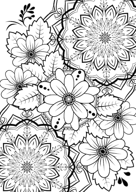 Vector simple vector floral mandala coloring book for adults bouquet of abstract flowers surrounded by