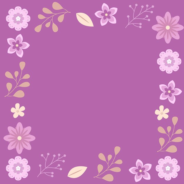 Simple vector flowers, leaves cute decorative frame on purple background copy space for text wedding