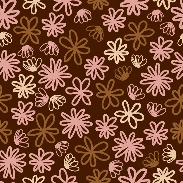 Simple vector flowers seamless pattern in abstract style on dark background