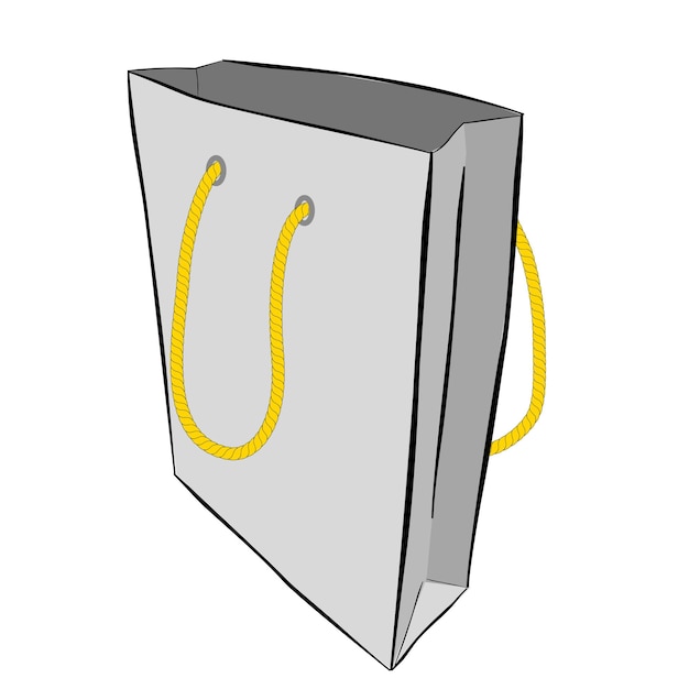 Простой векторной серая рука нарисовать эскиз бумажного пакета с желтой веревкой, изолированного на белом