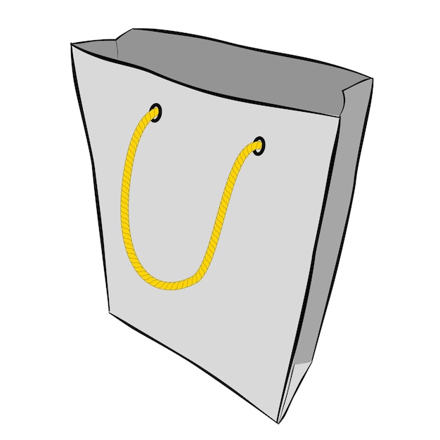 Простой векторной серая рука нарисовать эскиз бумажного пакета с желтой веревкой, изолированного на белом