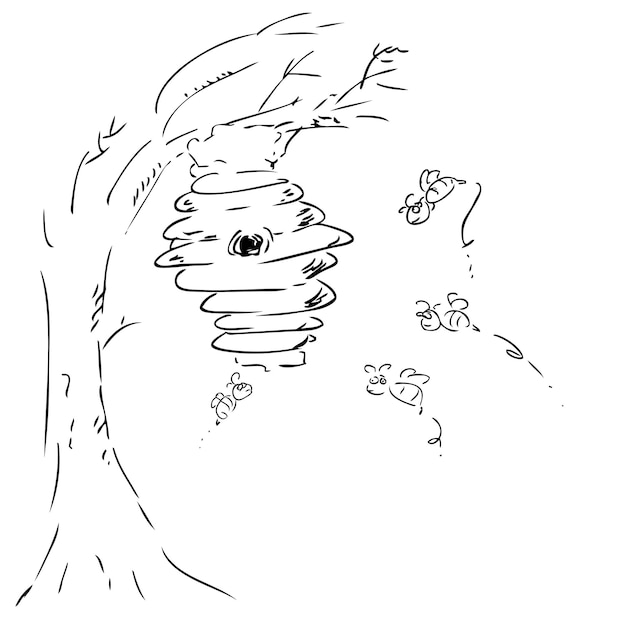 Simple vector hand draw sketch bee hive at tree