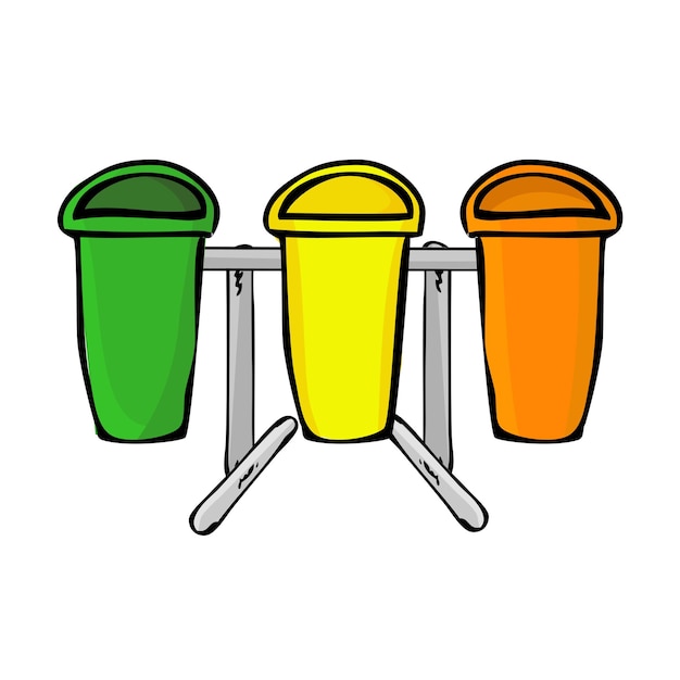 Simple vector hand draw sketch of green, yellow and orange empty clean and tidy trash bin, for three category trash, at white