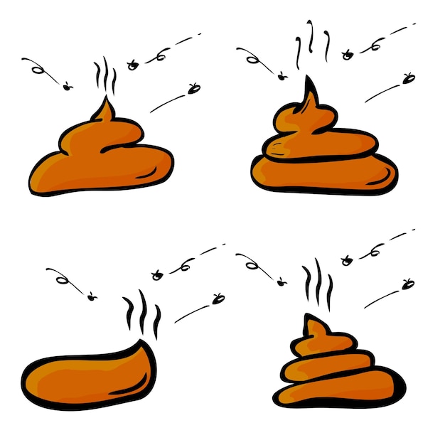 Simple Vector Hand Draw Sketch Set 4 Poop with 3 fly