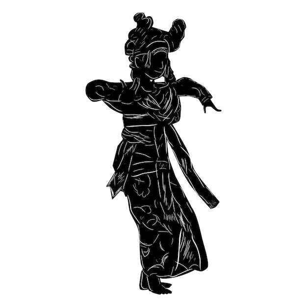 Simple Vector Hand Draw Sketch and Silhouette of Young Girl Traditional Bali Indonesia