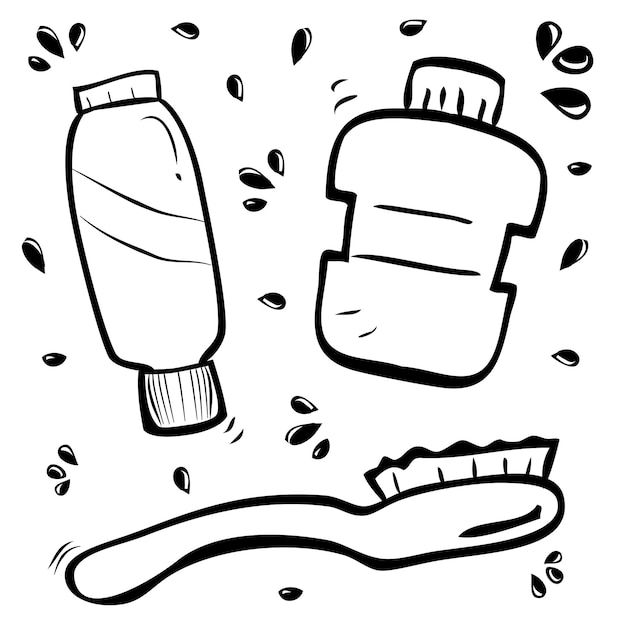 Simple Vector Hand Draw Sketch of Tooth Paste Brush and Mouth Wash Isolated on White