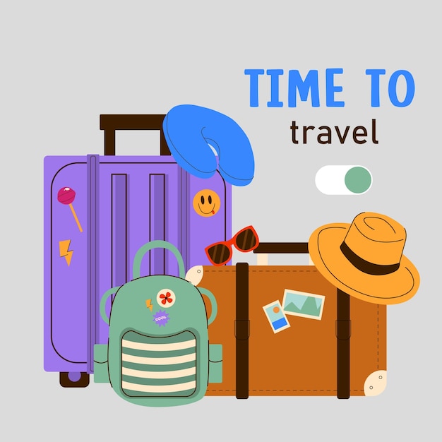 Simple vector illustration of a travel bag and a set of accessories for tourists time to travel