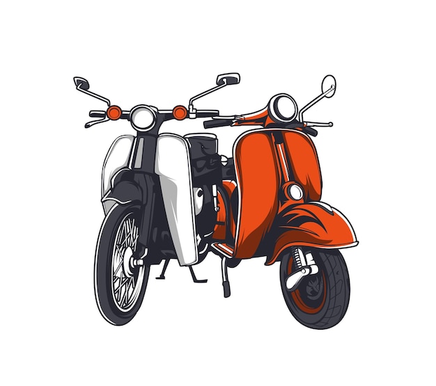 Simple vector illustration of two vespa motorbikes in white and orange