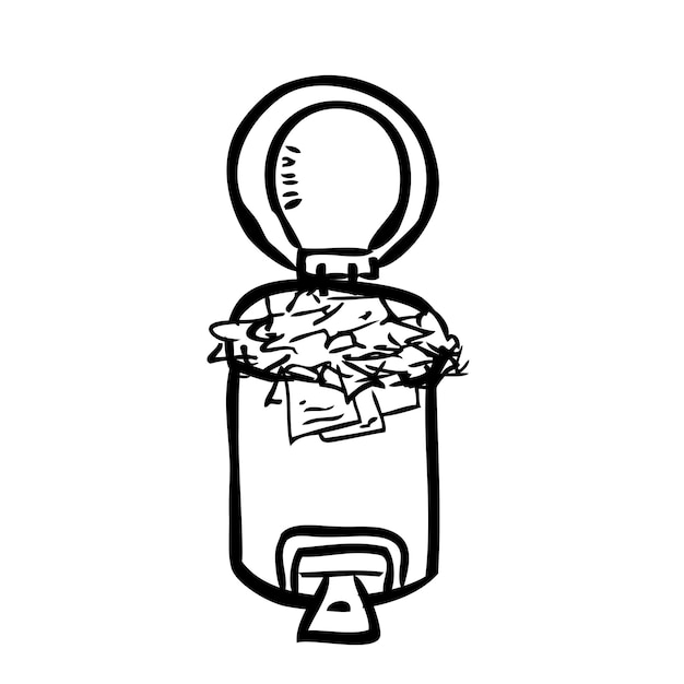 Simple vector outline hand draw sketch, full crumpled paper opened trash bin, at white background