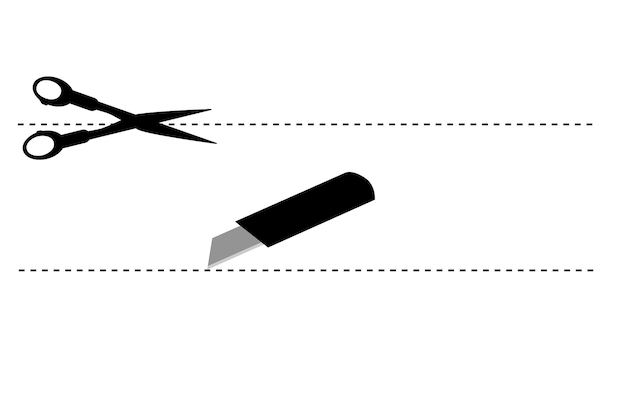 Простой векторный набор 2 ножницы и резак горизонтальный знак вырезать здесь, изолированные на белом фоне