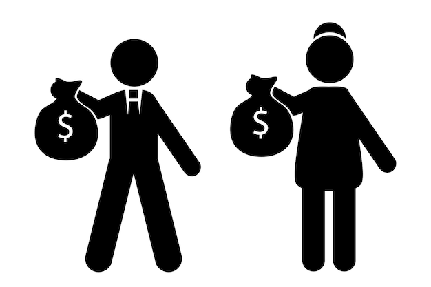 Simple vector set 2 stick uomo stickman uomo e donna hold dollar money bag