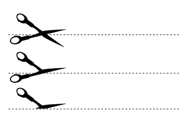 Простой векторный набор 3 горизонтальных знака ножниц, вырезанных здесь, изолированных на белом