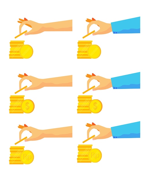 Simple Vector Set 6 Woman Hand Saving or Taking Money Golden Coin Isolated on White