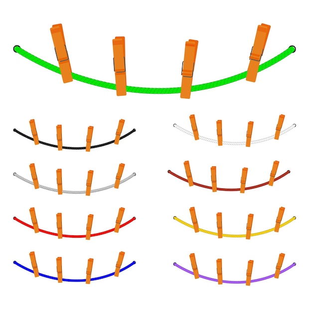 ベクトル 白で隔離された何かを掛けるためのシンプルなベクトルセット9ロープと布のピン