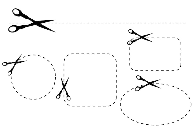 Vettore segno di forbice set vettore semplice tagliato qui isolato su bianco