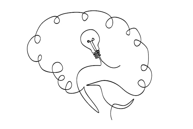 Vector simple vector sketch human brain and bulb lamp idea single one line art continuous