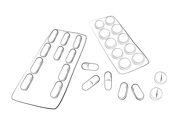 Simple vector sketch top view stack of pills and capsules