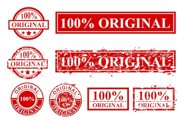 Простой вектор в различных стилях красный резиновый штамп, 100% оригинал, круг и прямоугольник, изолированные на белом
