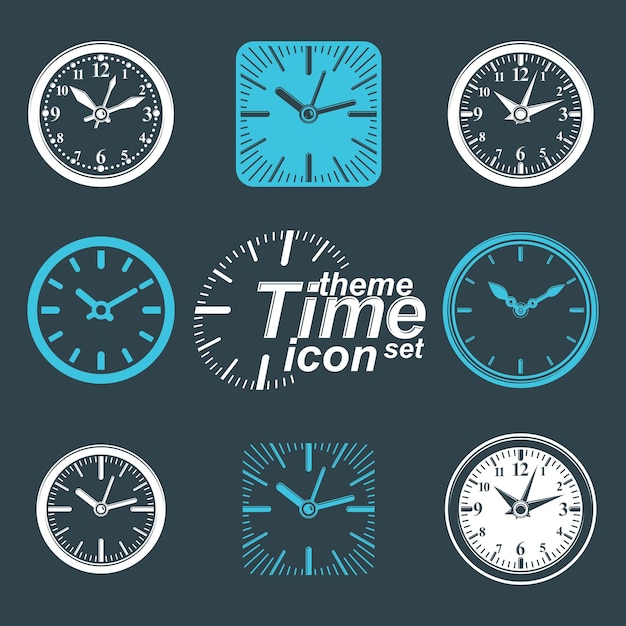 Simple vector wall clocks with stylized clockwise. Business time idea classic graphic symbols collection. Time management conceptual elegant symbols. Web design elements.