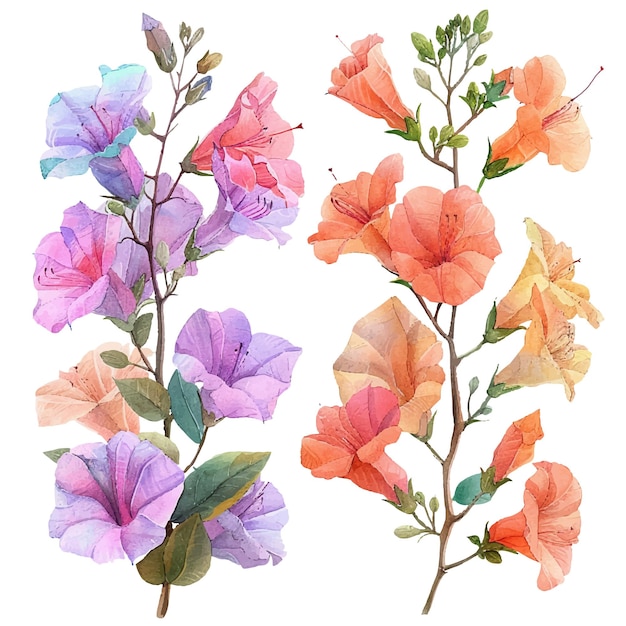 simple vector watercolour set of beautiful bougenville flower