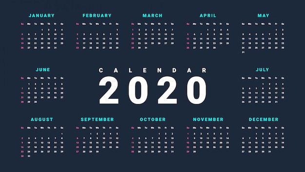 Simple wall calendar for 2020 on dark background