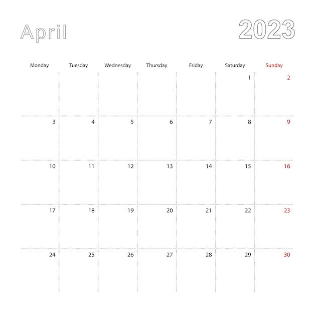 Простой настенный календарь на апрель 2023 года с пунктирными линиями календарь на английском языке начало недели с понедельника