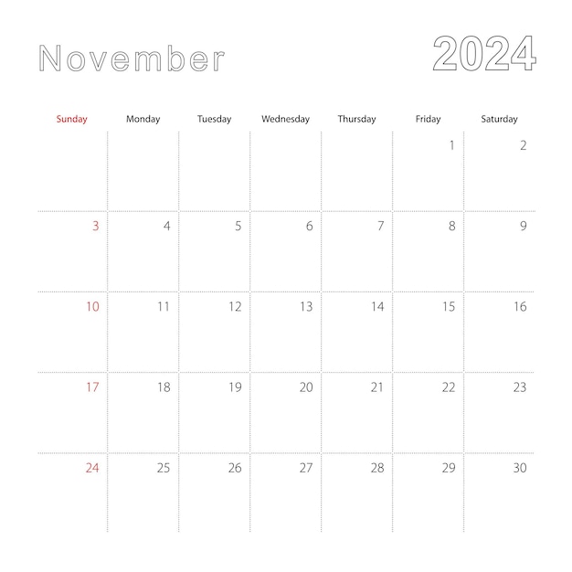 벡터 2024 년 11 월에 대한 간단한 벽 달력, 점선